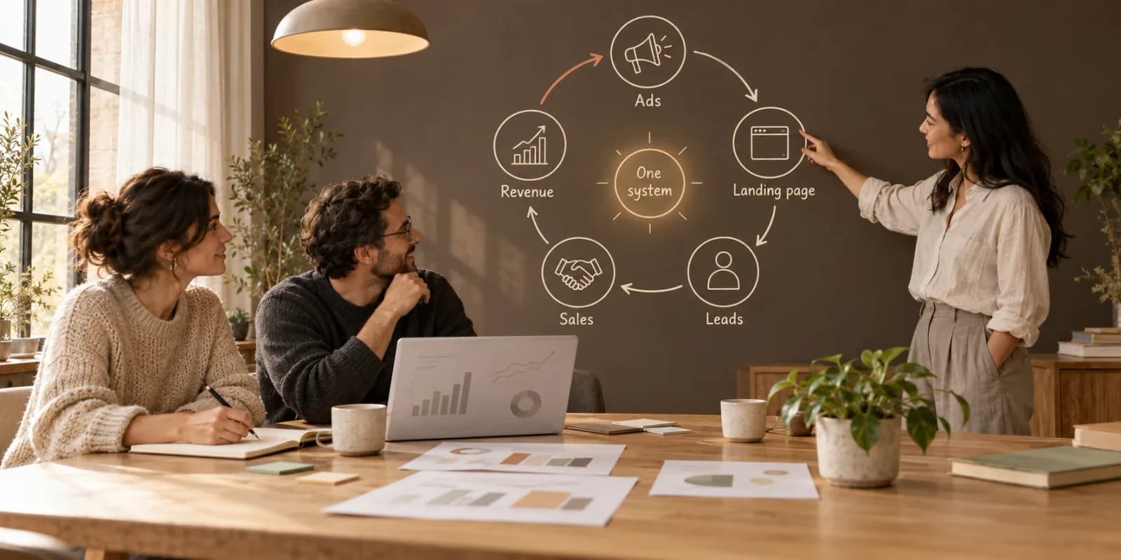 A marketing team mapping one loop on the wall: ads, landing page, leads, sales and revenue