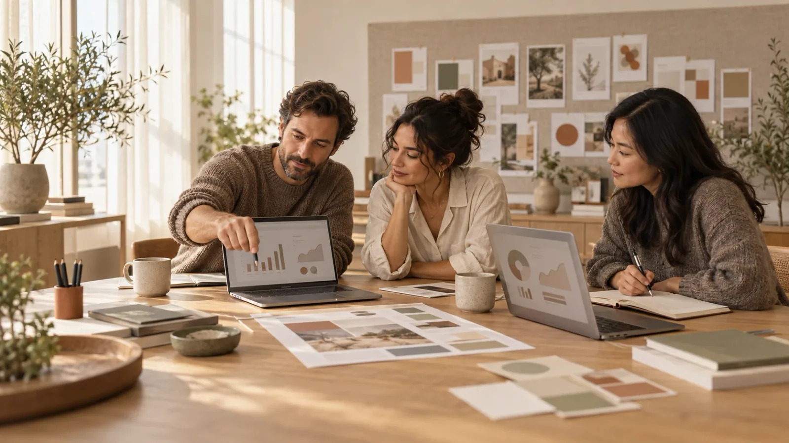 A small marketing team planning a campaign together around a table