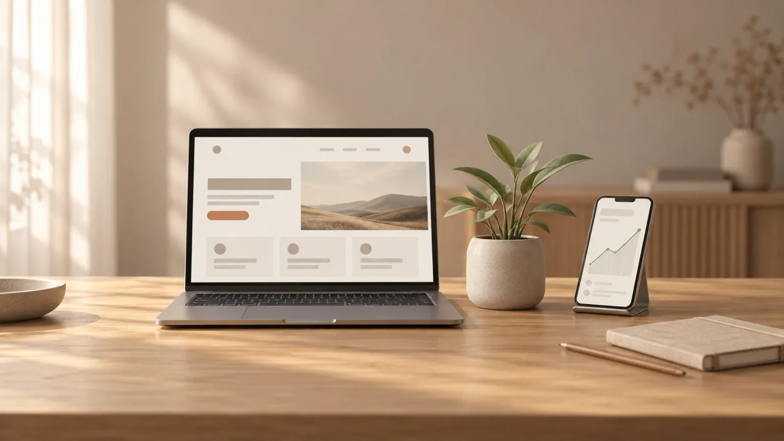 A laptop showing a website next to a phone with a rising traffic chart and a small plant