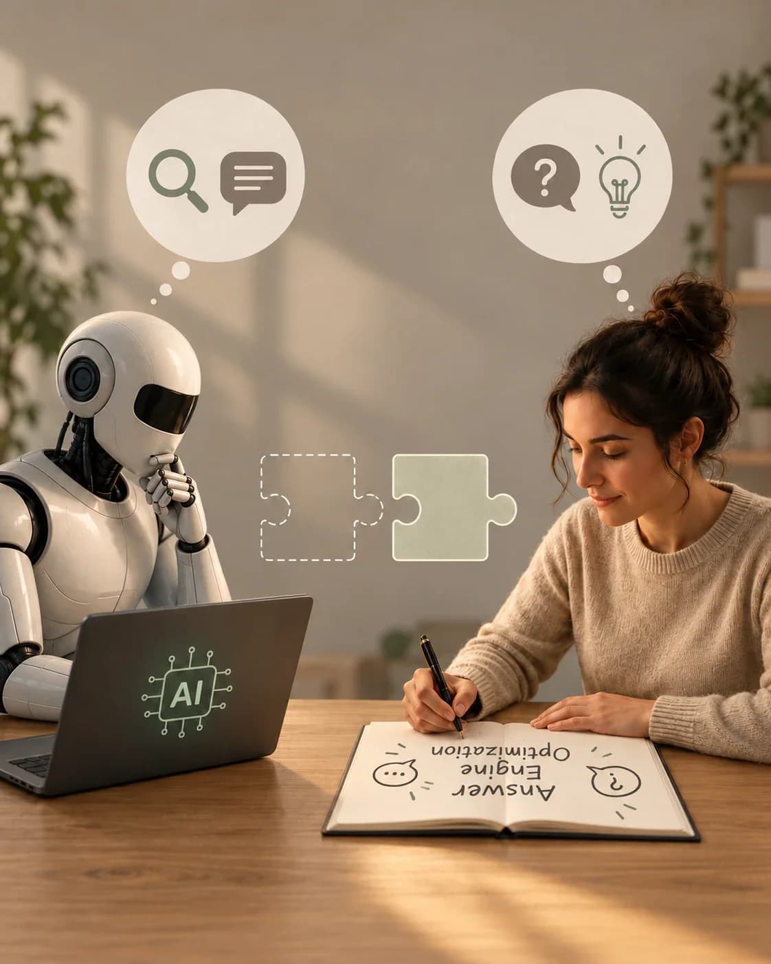 Illustration of a woman writing answer engine optimization notes beside a robot with an AI laptop