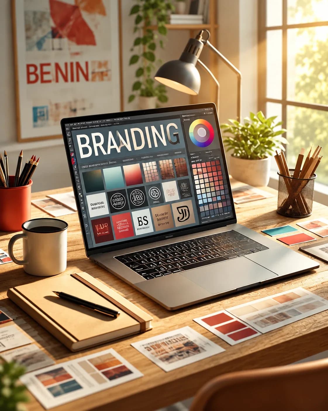 A laptop showing a branding board of colors, type and logo ideas on a design desk