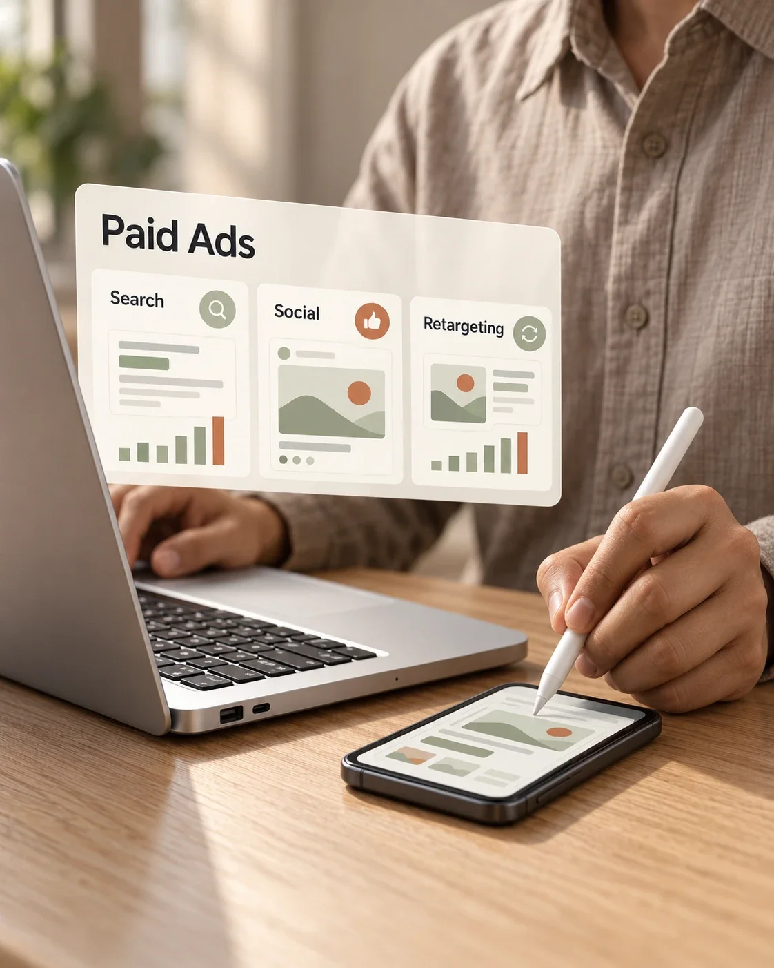 A marketer planning search, social and retargeting ads on a laptop and a tablet