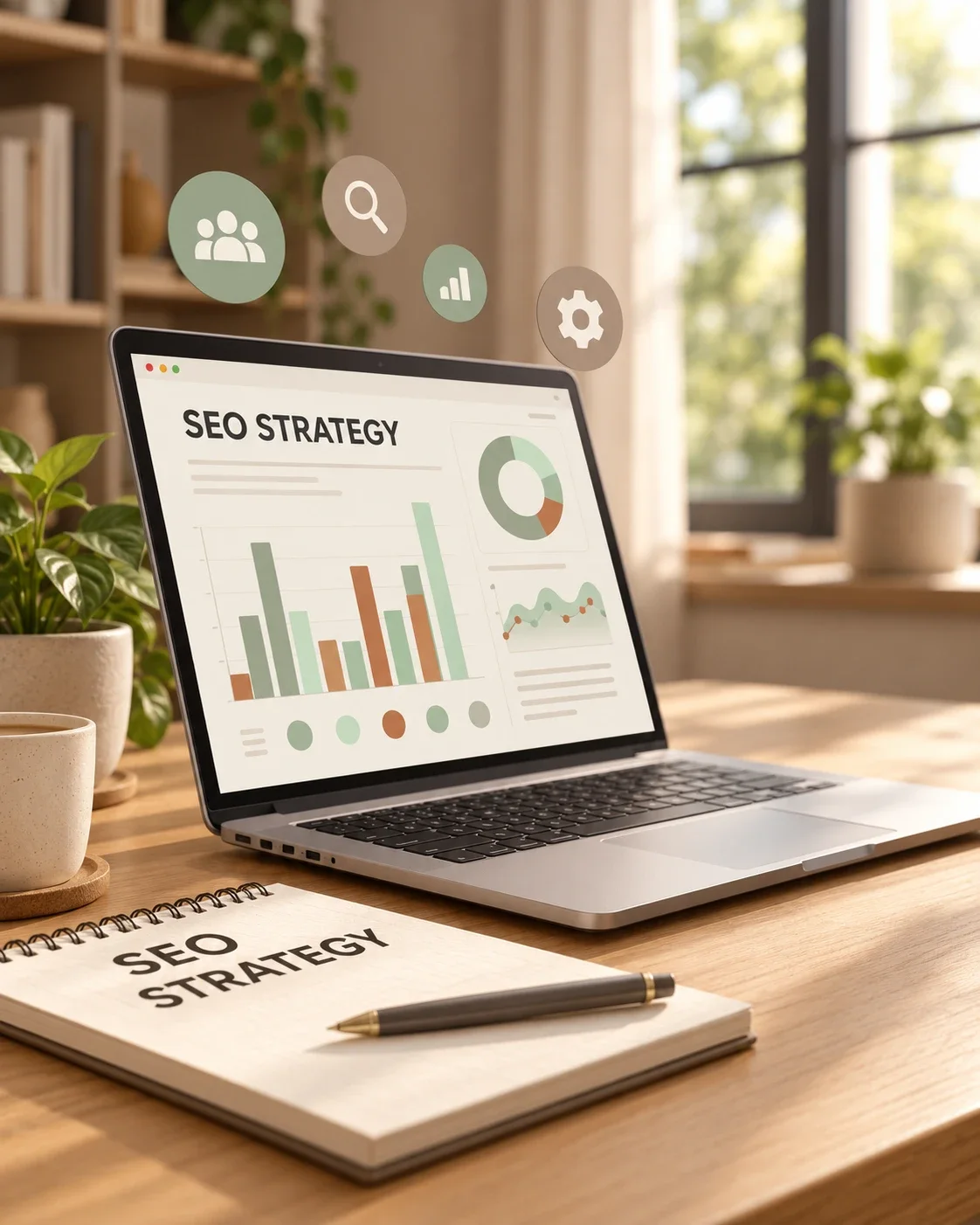 A laptop showing an SEO strategy report with charts, next to an SEO strategy notebook