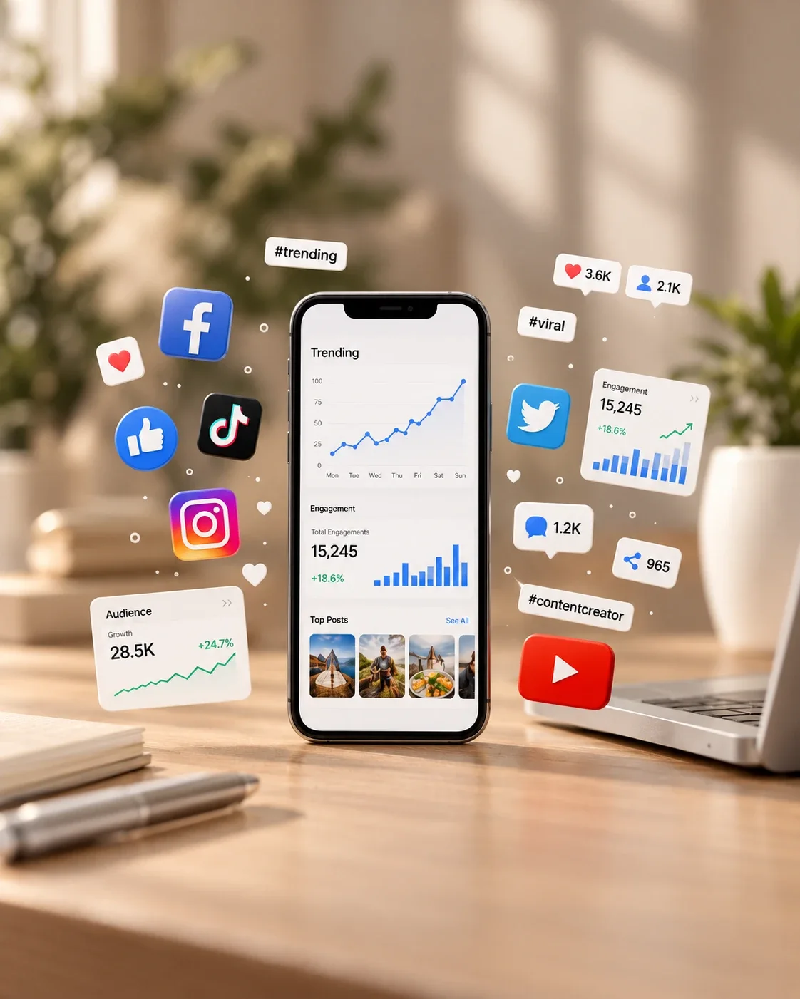 A phone with social media analytics, surrounded by Facebook, Instagram, TikTok and YouTube icons