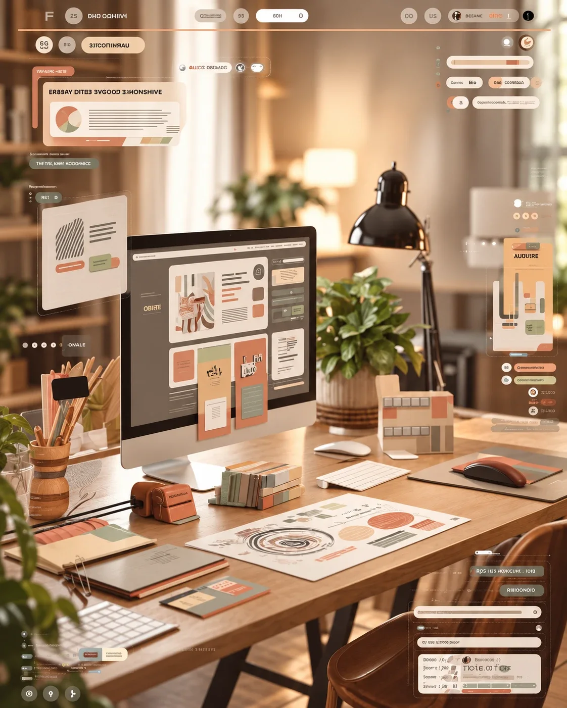 A website design on a desktop monitor, surrounded by layout sketches and color swatches