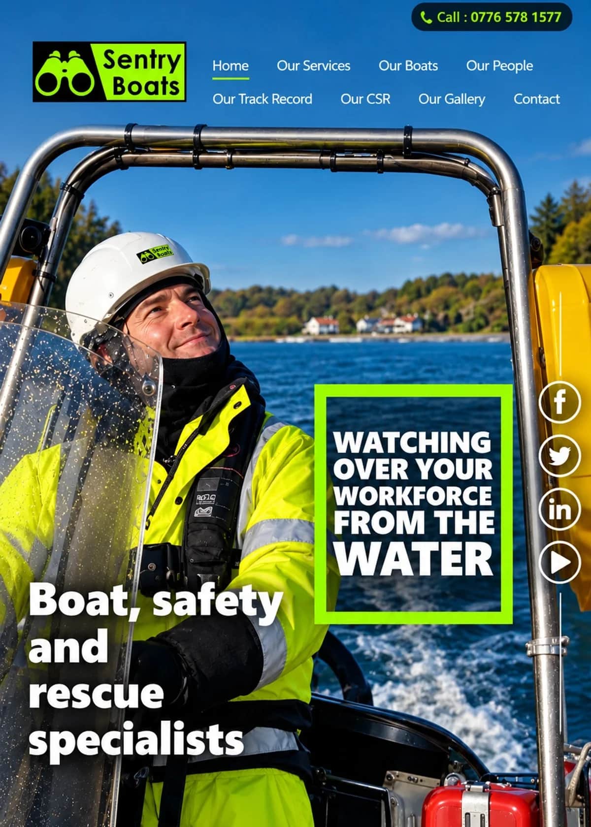 The Sentry Boats homepage: a crew member in hi-vis on a safety boat, with Boat, safety and rescue specialists and Watching over your workforce from the water